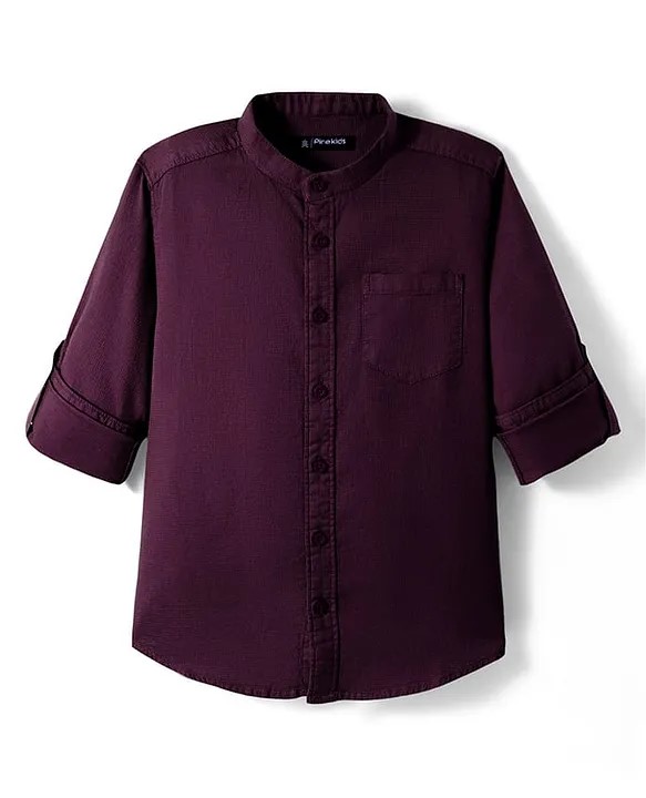 Pine Kids Cotton Woven Full Sleeves Mandarin Collar Solid Shirt - Wine